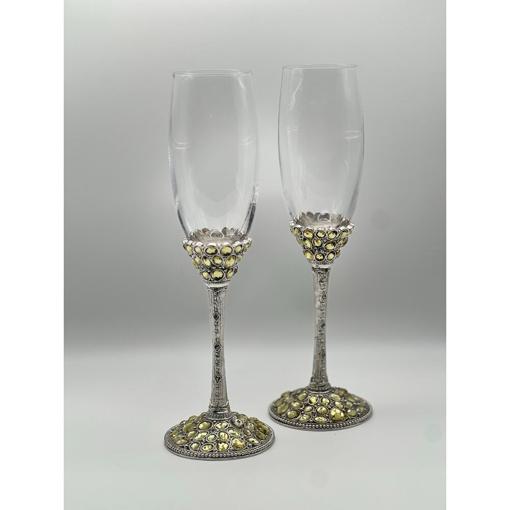 Vintage Rhinestone Champagne Flutes with Yellow Gem Accents – Set of 2